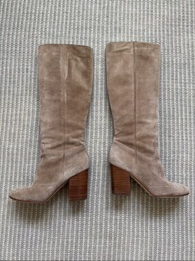 Via Spiga Taupe Suede Knee-High Stack Heel Boots